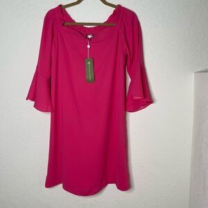 Trina Turk NWT Knox Off Shoulder Dress Flared Sleeve Shift Size M Pink Lined